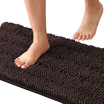 Picture of Bath Rugs for Bathroom Non Slip Bath Mats Extra Thick Chenille Striped Bath Rug Runners 47" x 17" Absorbent Fluffy Soft Shaggy Mats Dry Fast Plush Area Carpet for Bath Room - Chocolate