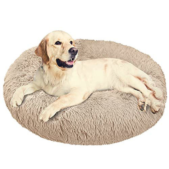 Picture of PetAmi Donut Dog Bed for Medium Dog, Round Calming Puppy Bed, Cat Bed Cuddler, Faux Fur Dog Pillow, Washable Pet Bed, Anti Anxiety Fluffy Plush Soft Cushion Bed for Small Dogs, Taupe 30"