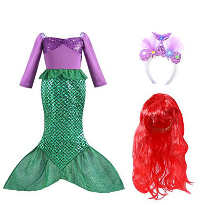 Picture of Mermaid Princess Dresses for Girls Birthday Party Halloween Cosplay Costumes Set (Mermaid Long Sleeve, 4-6 Years)