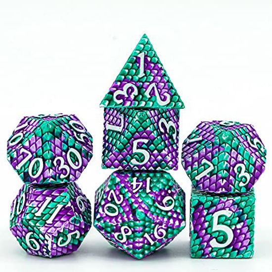 Picture of UDIXI Dragon Scale DND Dice Set , Metal Dice for Role Playing Games, Polyhedral Metal Dice for Dungeons and Dragons with Leather Dice Bag(Green Purple-White Number)