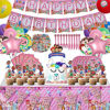 Picture of EFILOISEAU 165 pcs Coco cartoon melon birthday party Supplies, cartoon theme girl birthday party decorations, including banners, Foil Balloons, tissues, Tablecloths, Dinner Plates, knives and forks, cake decorations, stickers etc, Specially Designed for kids pink