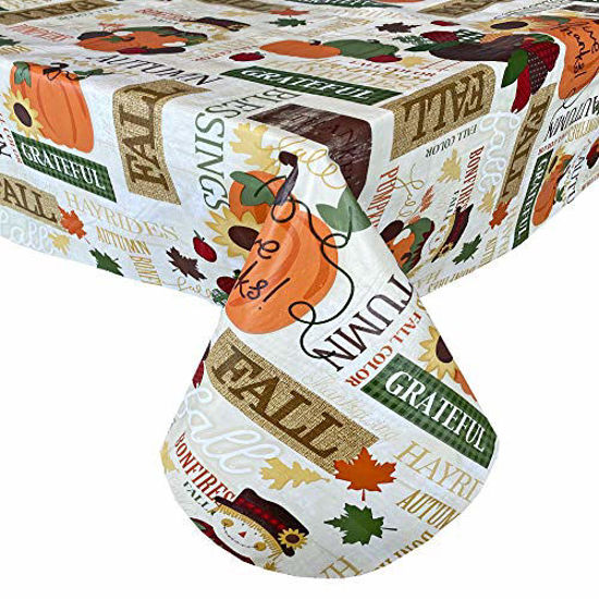 Picture of Newbridge Fall Hayride and Happy Scarecrow Thanksgiving Vinyl Flannel Backed Tablecloth - Gingham Turkeys and Pumpkin Rustic Autumn Wipe Clean Easy Care Tablecloth, 60 x 102 Oblong/Rectangle