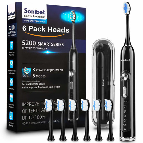 Picture of Sonibet Electric Toothbrush Sonic Brush - Battery Rechargeable Toothbrush with 6 Replacement Heads Travel Case Cordless Charger Smart Timer Clean Whitening Teeth for Oral Care Adults Kids Black