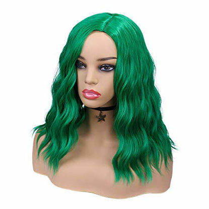 Picture of WIGER Green Hair Short Bob Wavy Curly Wigs Synthetic Costume Cosplay Halloween Party Wigs Heat Resistant Side Part Bob Wig for Women