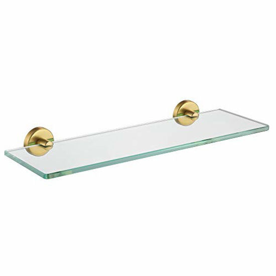 Picture of JQK Bathroom Glass Shelf Gold, Tempered Glass Shower Storage 16 by 5 inches, 304 Stainless Steel Brushed Gold Wall Mount, TGS101-BG