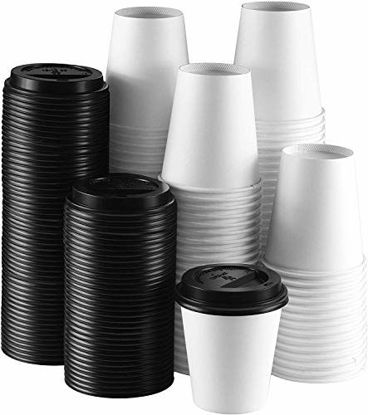 Picture of NYHI 12 oz. White Paper Disposable Cups with Black Lids - Hot/Cold Beverage Drinking Cup for Water, Juice, Coffee or Tea - Ideal for Water Coolers, Party, or Coffee On The Go