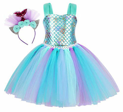 Picture of Cotrio Little Girls Mermaid Tutu Skirt Toddler Princess Costume Dresses Kids Birthday Party Halloween Outifts Dress with Headband (2-3 Years, Light Blue)