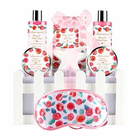 Picture of Spa Basket Gift Set for Women, Peony & Blush Suede Fragrance, Home Relax Bath Gift Set with Shower Gel, Bubble Bath,Body Lotion,Body Scrub,Bath Bombs,Bath Salt, Eye Mask