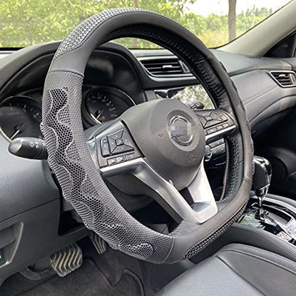 Picture of PINCTROT D Shaped 14 Inch Small Sized Steering Wheel Cover Great Grip with 3D Honeycomb Anti-Slip Design, Flat Bottom 14 Inch (All Black)