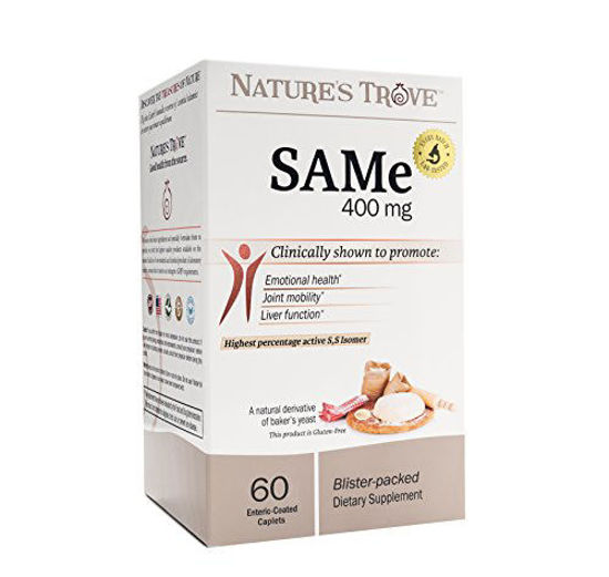 Picture of SAM-e 400mg by Nature's Trove - 60 Enteric Coated Caplets. Vegan, Kosher, Non-GMO, Soy Free, Gluten Free - Promotes Positive Mood and Joint Comfort - Cold Form Blister Packed.