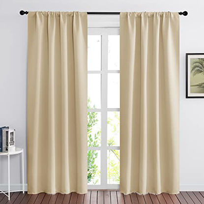 Picture of RYB HOME Living Room Curtains - Rod Pocket Solid Window Dressing for Kitchen Bedroom, Light & Heat Block Drapes for Energy Saving, Wide 42 x Long 84 inch, Biscotti Beige, 2 Panels