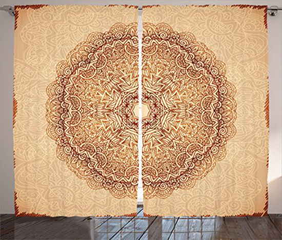 Picture of Ambesonne Mandala Curtains, A Mystical Meditative Inner Sign Style of Motif with Repeating Lines of Paisley Pattern Work of Art, Living Room Bedroom Window Drapes 2 Panel Set, 108" X 84", Brown Tan