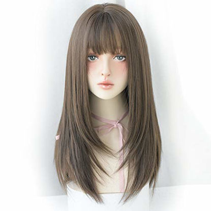 Picture of 7JHH WIGS Hair Dye Wig for Women Synthetic Hair Natural Long Straight Wig With Bangs (22inch, Cold brown)