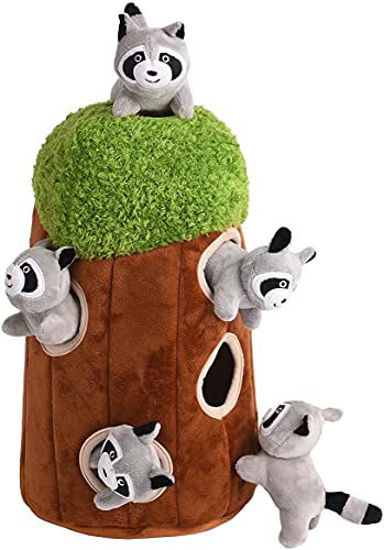 GetUSCart Tree Toy with Hide and Seek Plush Toys Burrow Interactive Squeaky Dog Toy Puzzle Toy for Dogs. Tree with Raccoons Large