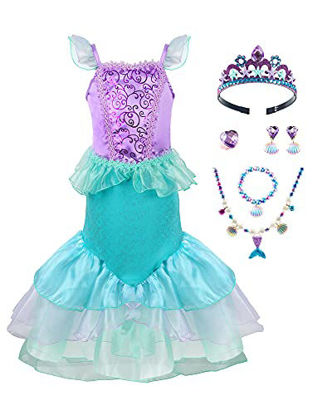 Picture of Mermaid Costume for Girls Princess Dress Up with Crown and Jewelry 5