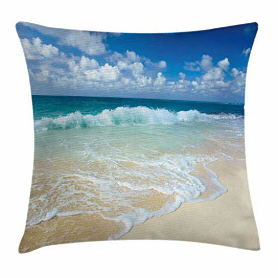 Picture of Ambesonne Wave Throw Pillow Cushion Cover, Beach with Foamy Waves on Empty Sea Shore Holiday Theme Serene Coastal, Decorative Square Accent Pillow Case, 24" X 24", Brown White