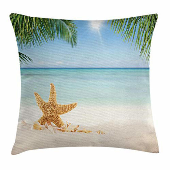 Picture of Ambesonne Ocean Throw Pillow Cushion Cover, Graphic of Summer Sandy Beach with Majestic Starfish on Tropical Hawaiian Beach, Decorative Square Accent Pillow Case, 24" X 24", Cream Green