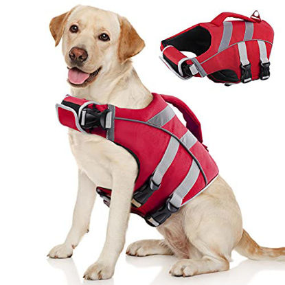 Picture of Kuoser Dog Life Jacket with Reflective Stripes, Adjustable High Visibility Dog Life Vest Ripstop Dog Lifesaver Pet Life Preserver with High Flotation Swimsuit for Small Medium and Large Dogs