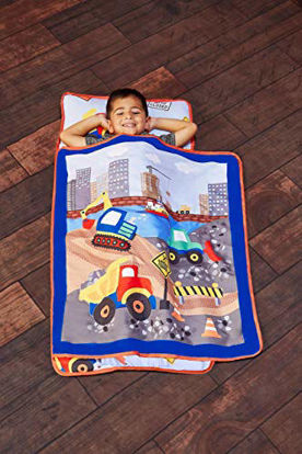 Picture of EVERYDAY KIDS Toddler Nap Mat with Removable Pillow -Under Construction- Carry Handle with Fastening Straps Closure, Rollup Design, Soft Microfiber for Preschool, Daycare, Sleeping Bag -Ages 2-6 years