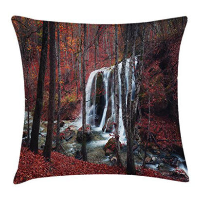 Picture of Ambesonne Waterfall Throw Pillow Cushion Cover, Cascade Misty Fall Day Shedding Leaf at Mountains Rocky Creek Habitat Theme, Decorative Square Accent Pillow Case, 24" X 24", Brown Red