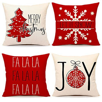 Picture of 4TH Emotion Red Christmas Pillow Covers 20x20 Set of 4 Farmhouse Christmas Decorations Merry Tree Joy Let It Snow FA La La Winter Holiday Decor Throw Cushion Case for Home Couch TH054-20