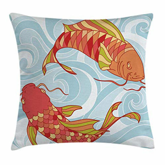 Picture of Ambesonne Koi Fish Throw Pillow Cushion Cover, Hand Drawn Colorful Koi and Swirled Sea Waves Japanese Oriental Art Design, Decorative Square Accent Pillow Case, 24" X 24", Orange Blue