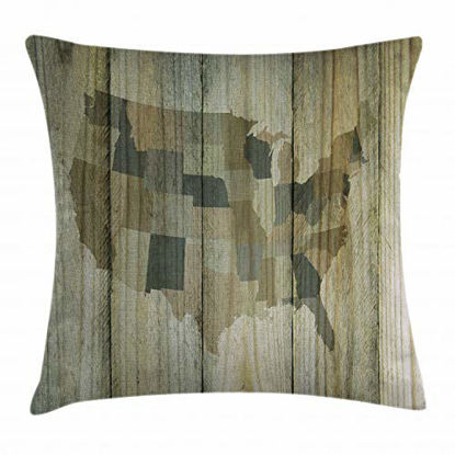 Picture of Ambesonne Rustic Map Throw Pillow Cushion Cover, USA America Map Silhouette Over Vertical Timber Wooden Textured Background Print, Decorative Square Accent Pillow Case, 24" X 24", Brown