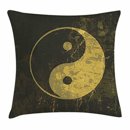 Picture of Ambesonne Ying Yang Throw Pillow Cushion Cover, Distressed Yin Yang Form Pair of The Opposites and Complementary Forces, Decorative Square Accent Pillow Case, 24" X 24", Green Mustard