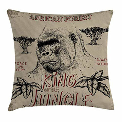 Picture of Ambesonne Wild Throw Pillow Cushion Cover, Vintage Design with Gorilla King of The Jungle Safari Adventure Force Illustration, Decorative Square Accent Pillow Case, 24" X 24", Grey Tan