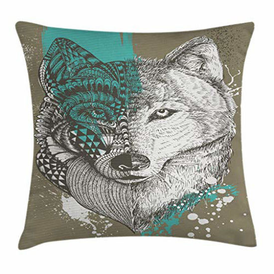 Picture of Ambesonne Wolf Throw Pillow Cushion Cover, Hand Drawn Illustration Zentangle Wolf with Paint Splatters Print, Decorative Square Accent Pillow Case, 24" X 24", Jade Green