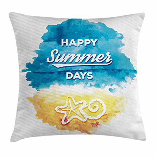 Picture of Ambesonne Lifestyle Throw Pillow Cushion Cover, Happy Summer Days Words with Starfish Sunny Holiday in Watercolor Design, Decorative Square Accent Pillow Case, 24" X 24", Mustard Blue