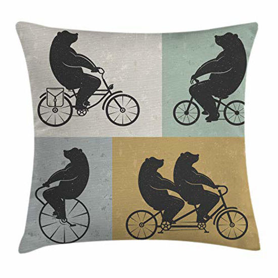 Picture of Ambesonne Vintage Throw Pillow Cushion Cover, Big Bear on a Bike Bicycle Cycling Hipster Circus Life Outdoor Animal Enjoy, Decorative Square Accent Pillow Case, 24" X 24", Bluegrey