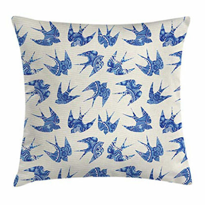 Picture of Ambesonne Animal Throw Pillow Cushion Cover, Sparrows Fly Birds with Mosaic Antique Like Image Prints on Their Wings Artwork, Decorative Square Accent Pillow Case, 24" X 24", Coconut Blue