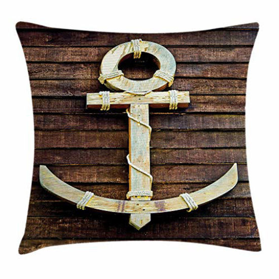 Picture of Ambesonne Anchor Throw Pillow Cushion Cover, Old Wooden Nautical Anchor on The Deck Harbor Yacht Craft Navigation Drogue, Decorative Square Accent Pillow Case, 24" X 24", Brown Cream