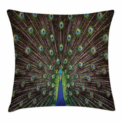 Picture of Ambesonne Peacock Throw Pillow Cushion Cover, Portrait of Peacock with Huge Grand Majestic Feathers Enchanted Plumage Image, Decorative Square Accent Pillow Case, 24" X 24", Brown Green