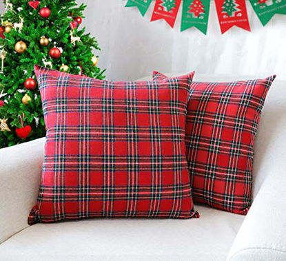 Picture of 4TH Emotion Set of 2 Christmas Scottish Tartan Plaid Throw Pillow Covers Cushion Case Polyester for Farmhouse Home Decor Red and Green, 24 x 24 Inches