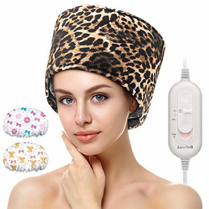 Picture of Hair Steamer Deep Conditioning Heat Cap Adjustable Hair Care Heating Cap with Intelligent Protection, Sturdy Material, and 2 Reusable Shower Caps, Gifts for Women (Leopard)