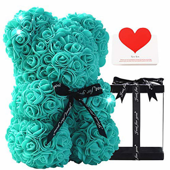 Picture of Gifts for Women - Rose Bear - Rose Flower Bear Hand Made Rose Teddy Bear - Gift for Valentines Day, Mothers Day, Wedding and Anniversary & Bridal Showers - w/Clear Clear Gift Box 10 Inch (T Blue)