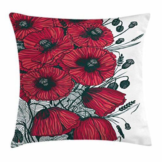 Picture of Ambesonne Floral Throw Pillow Cushion Cover, Large Poppy Flower Florets Romantic Rural Bouquet Botany Art Design, Decorative Square Accent Pillow Case, 24" X 24", Green Vermilion