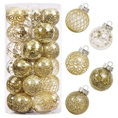 Picture of 60MM/2.36" Clear Christmas Ornaments Set, 30PCS Shatterproof Decorative Hanging Ball Ornament with Stuffed Delicate Decorations, Xmas Tree Balls for Halloween Holiday Party Thankgivings - Gold.