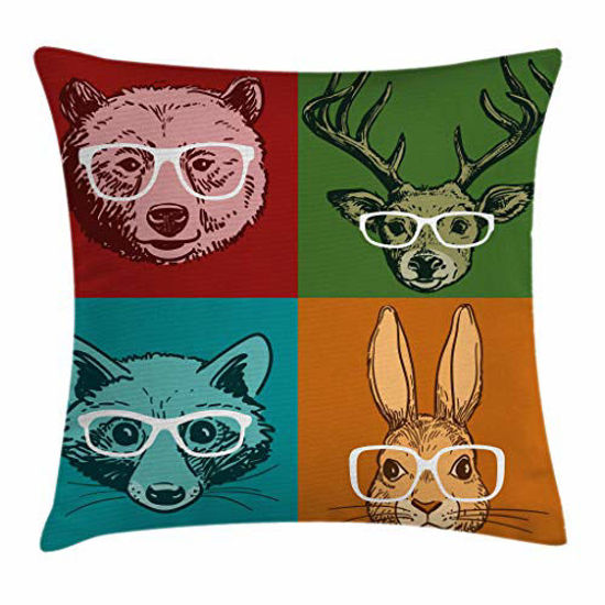 Picture of Ambesonne Cabin Throw Pillow Cushion Cover, Hipster Retro Style Funny Wildlife Animals Faces with Glasses Line Art Drawing Print, Decorative Square Accent Pillow Case, 24" X 24", Dark Orange