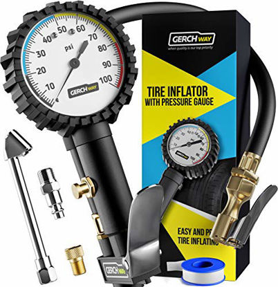 Picture of Tire Inflator with Pressure Gauge and Longer Hose - Most Accurate, Heavy Duty Air Chuck with Gauge for Air Compressor Tire Inflator Attachment - 100PSI