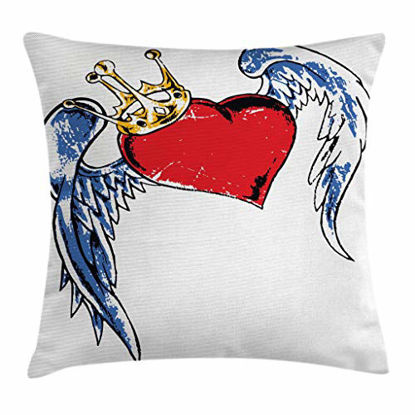 Picture of Ambesonne Tattoo Throw Pillow Cushion Cover, Grunge Heart with Wings and Crown Forever Kingdom of Love Graphic Print, Decorative Square Accent Pillow Case, 24" X 24", Blue Red