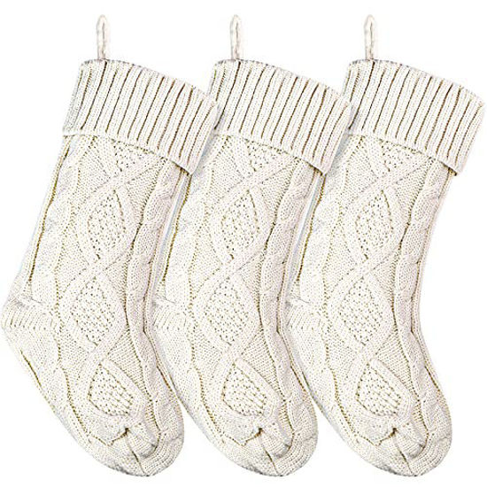 Picture of Christmas Stockings Large Knitted Xmas Stockings 18 Inches Fireplace Hanging Stockings for Family Holiday Christmas Decoration (Ivory, 3)