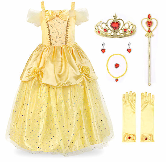 Picture of JerrisApparel Girls Princess Belle Costume Sequin Overlay Party Dress (7, Yellow with Accessories)