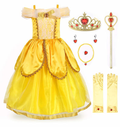 Picture of JerrisApparel Princess Belle Costume Deluxe Party Fancy Dress Up for Girls (5 Years, Yellow Two with Accessories)