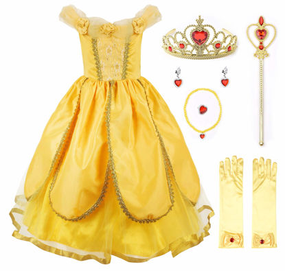 Picture of JerrisApparel Princess Belle Costume Deluxe Party Fancy Dress Up for Girls (4 Years, Yellow One with Accessories)