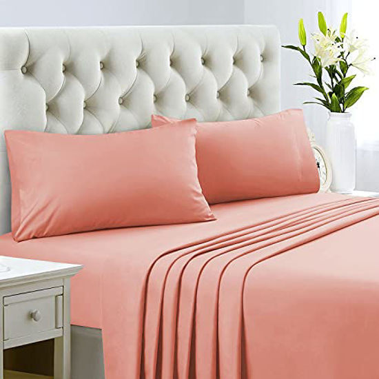 Picture of HOMEIDEAS Bed Sheets Set Extra Soft Brushed Microfiber 1800 Bedding Sheets - Deep Pocket, Wrinkle & Fade Free - 4 Piece(Queen,Coral)