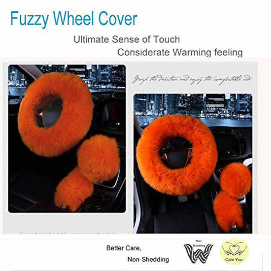 Picture of Younglingn Car Steering Wheel Cover Gear Shift Handbrake Fuzzy Cover 1 Set 3 Pcs Multi-colored with Winter Warm Pure Wool Fashion for Girl Women Ladies Universal Fit Most Carorange