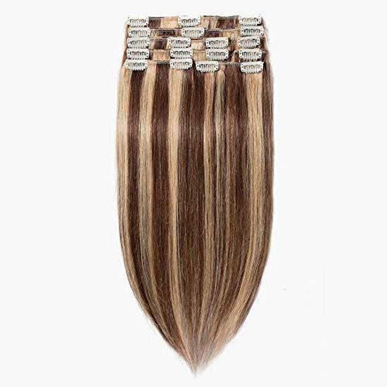 Picture of Clip in 100% Remy Human Hair Extensions Highlighted Highlight 10''-24'' Full Head 8pcs 18clips Short Soft Silky Straight for Women Beauty 13" / 13 inch 80g #4/27 Medium Brown mix Dark Blonde